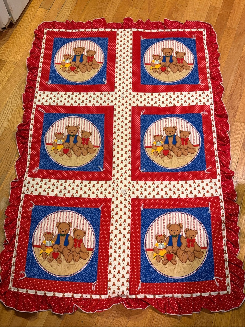 Teddy Bear Patchwork Baby Quilt - Red, Blue, Cream